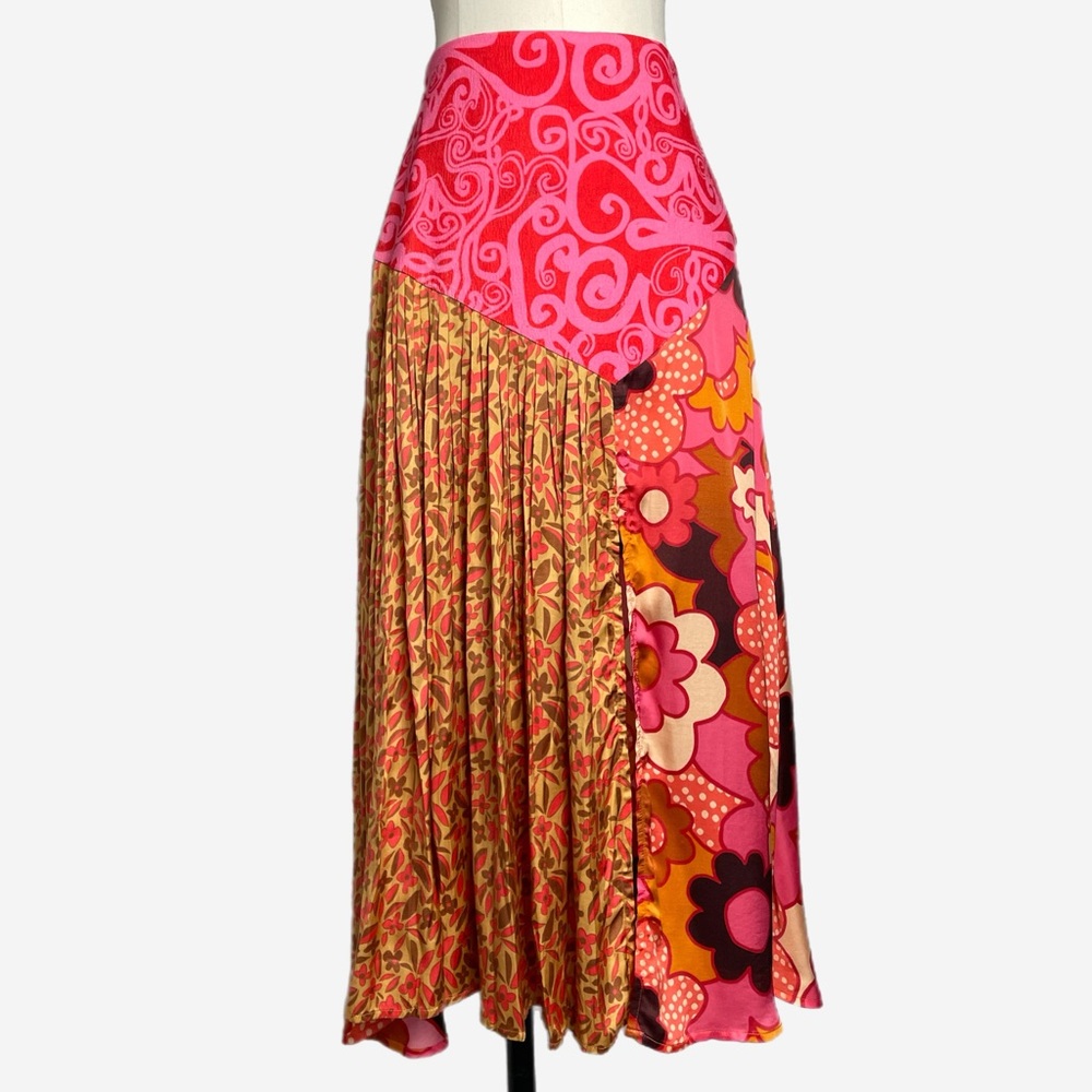 CeliaB Kosh Orange pink floral midi skirt corduroy satin retro mod maximalist XS